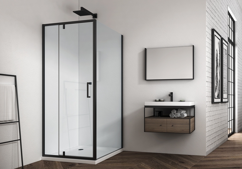 EX-309-2 preto mate 6mm 1 vidro fixo +1 dobradiça de vidro da porta mais divisória de duche com painel lateral