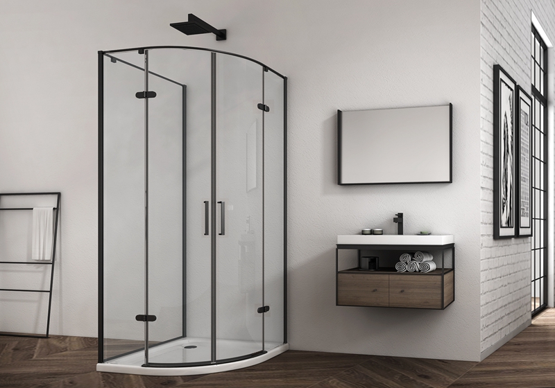 EX-427-4 6/8mm dobradiça quadrante preta mate cabine de chuveiro premium + vidro lateral