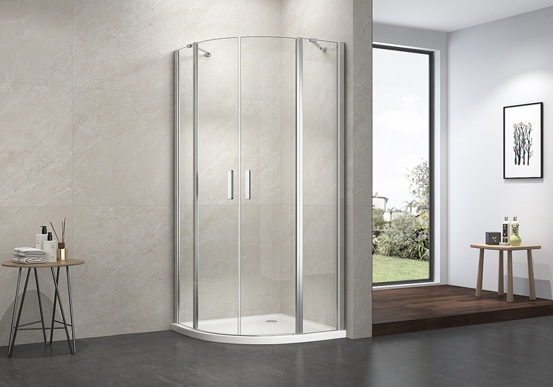 EX-706 Banheiro clássico com pivô quadrante de vidro de 6 mm e 2 barras de suporte em aço inoxidável